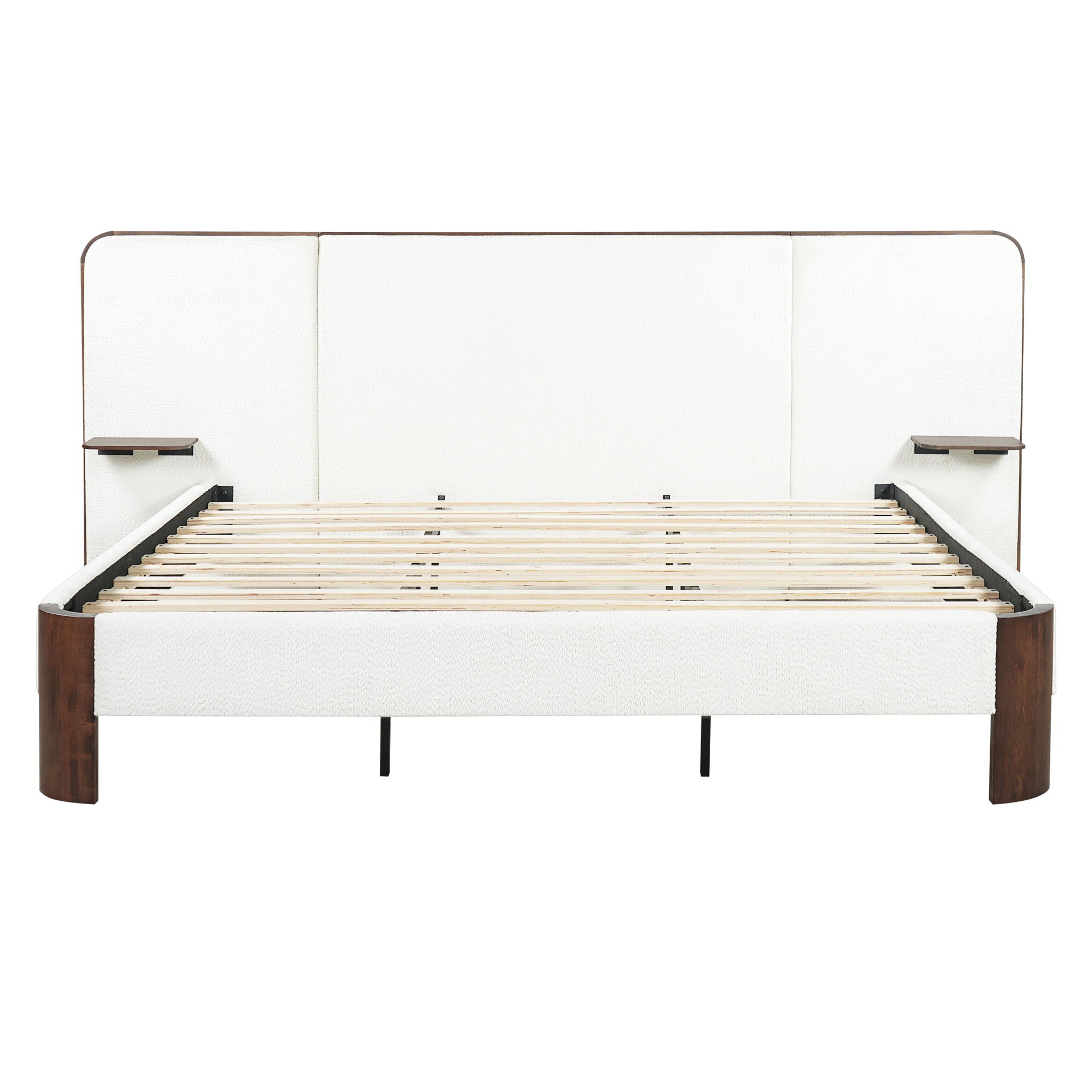 King Upholstered Platform Bed Frame With Curved Headboard, Built-In Floating Shelves, Wood Slats And Metal Support - White & Brown
