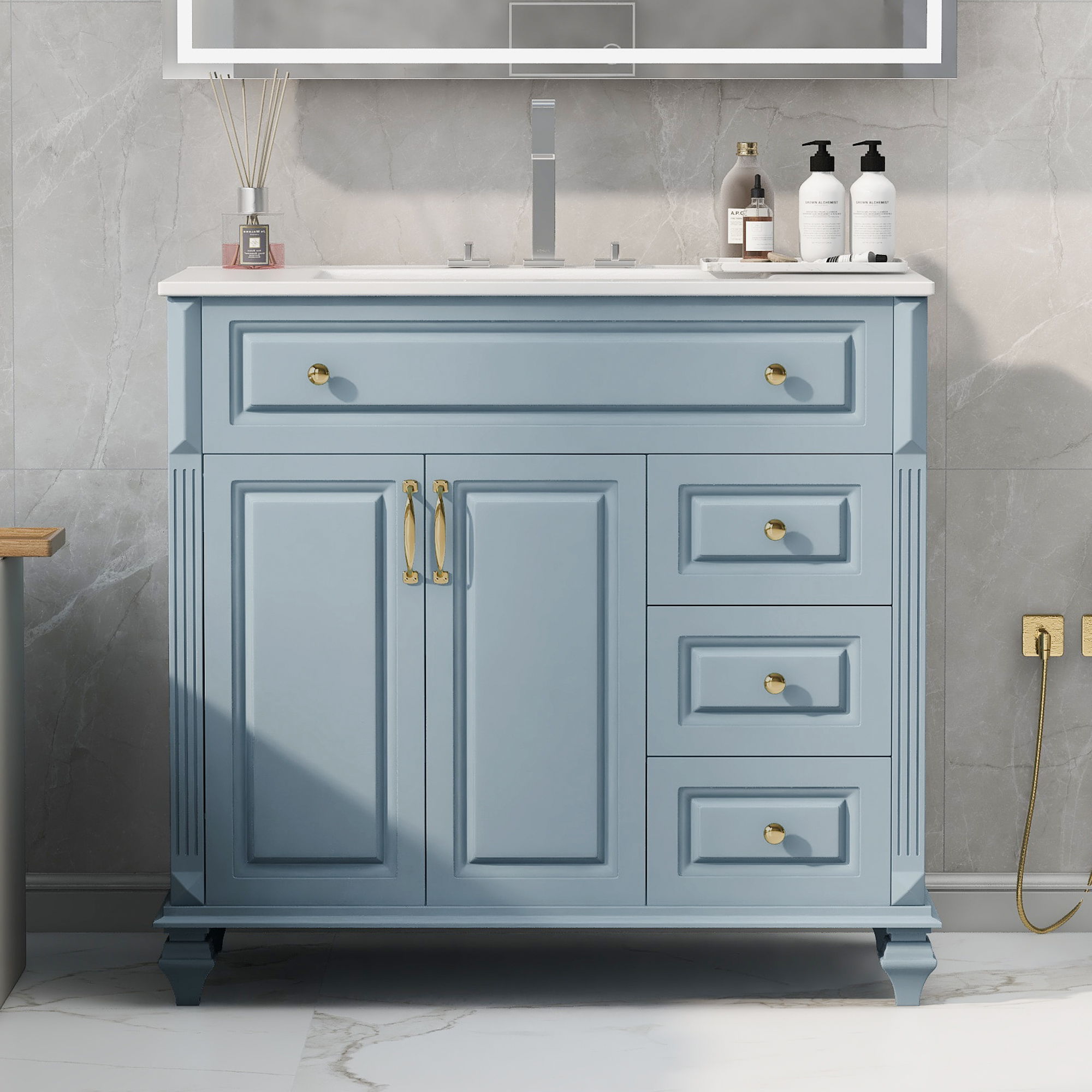 Modern Bathroom Vanity With Sink, 3 Drawers & 2 Doors