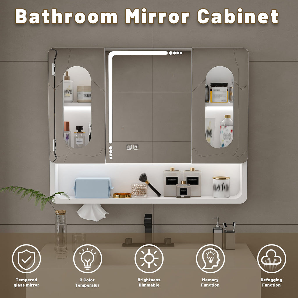 Wall Mounted Bathroom Mirror Cabinet With LED Lights, Anti Fog & Explosion Proof, Touch Control Medicine Cabinet, 3 Color Lighting - White