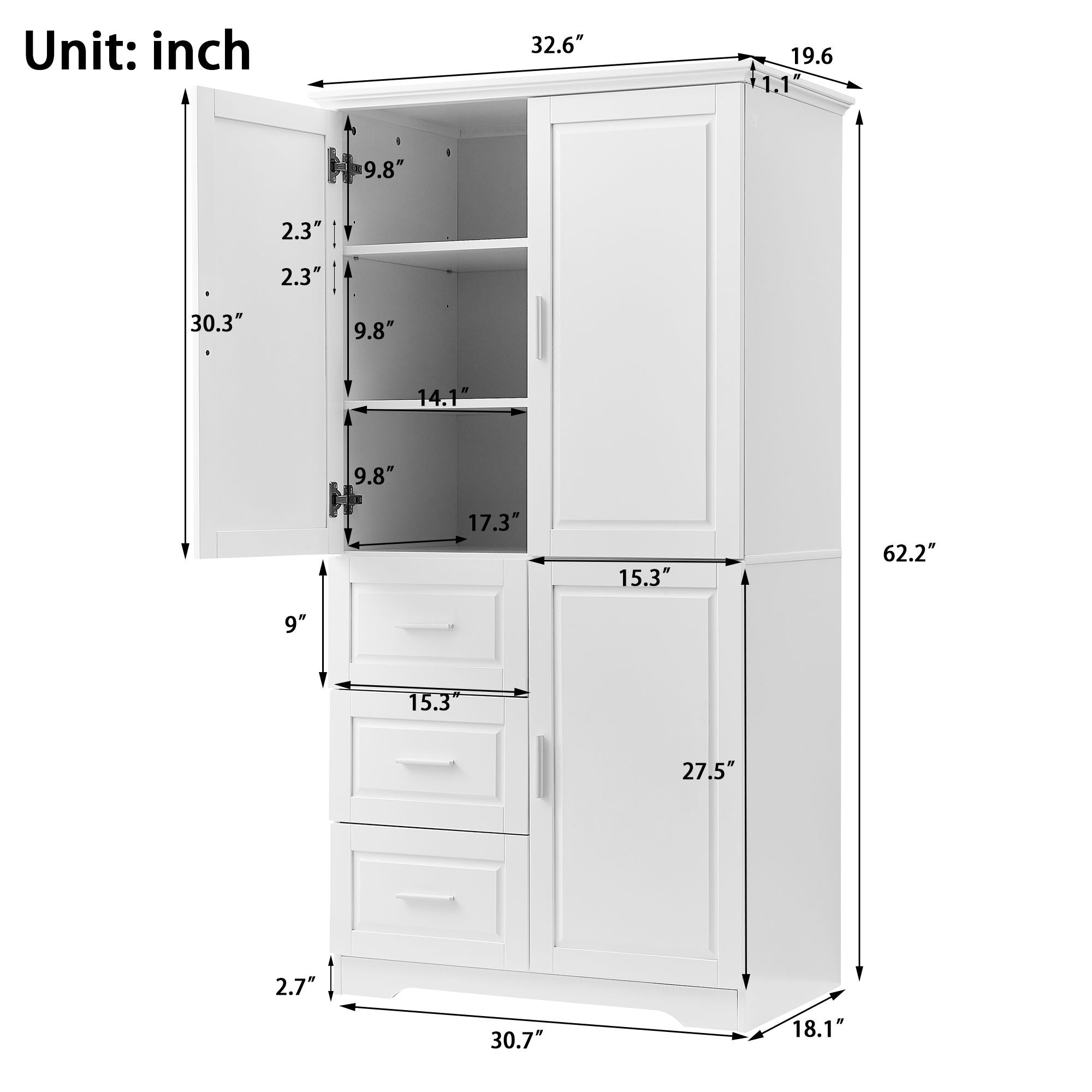 Tall And Wide Storage Cabinet With Doors, 3 Drawers