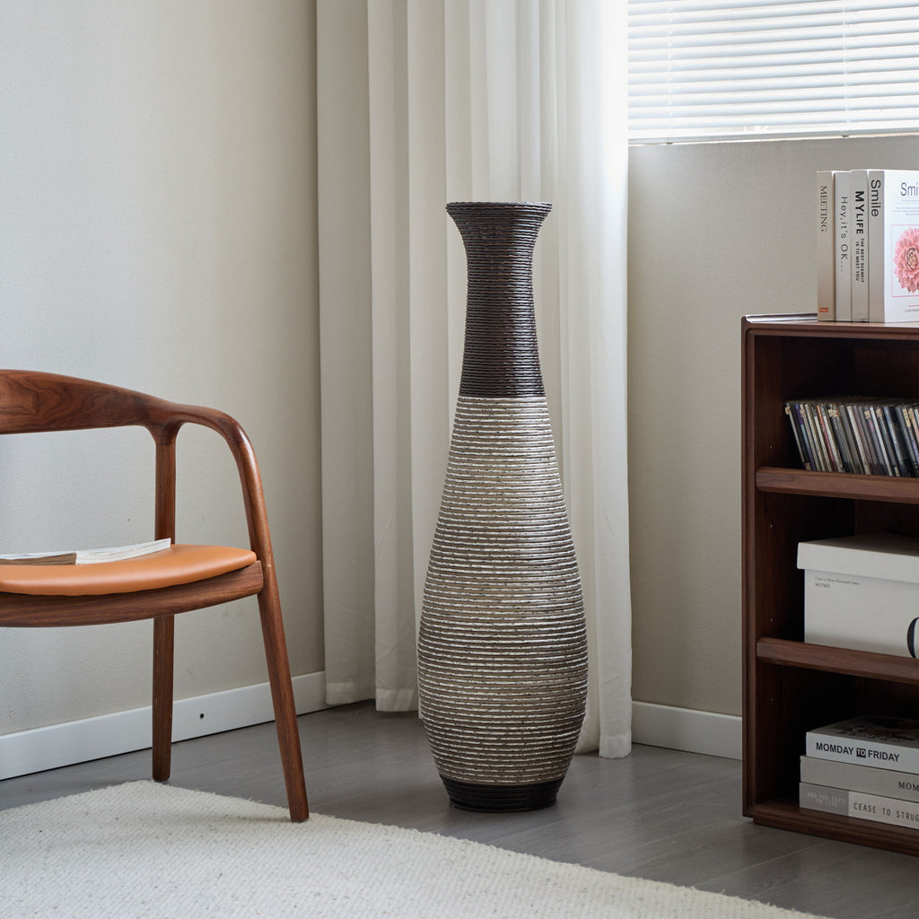 Tall Standing Designer Floor Vase Durable Artificial Rattan Elegant 2 Tone Finish Ideal Decor Accent For Living Room, Bedroom, Entryway Stylish Home Decor Statement Piece - Black / Gray