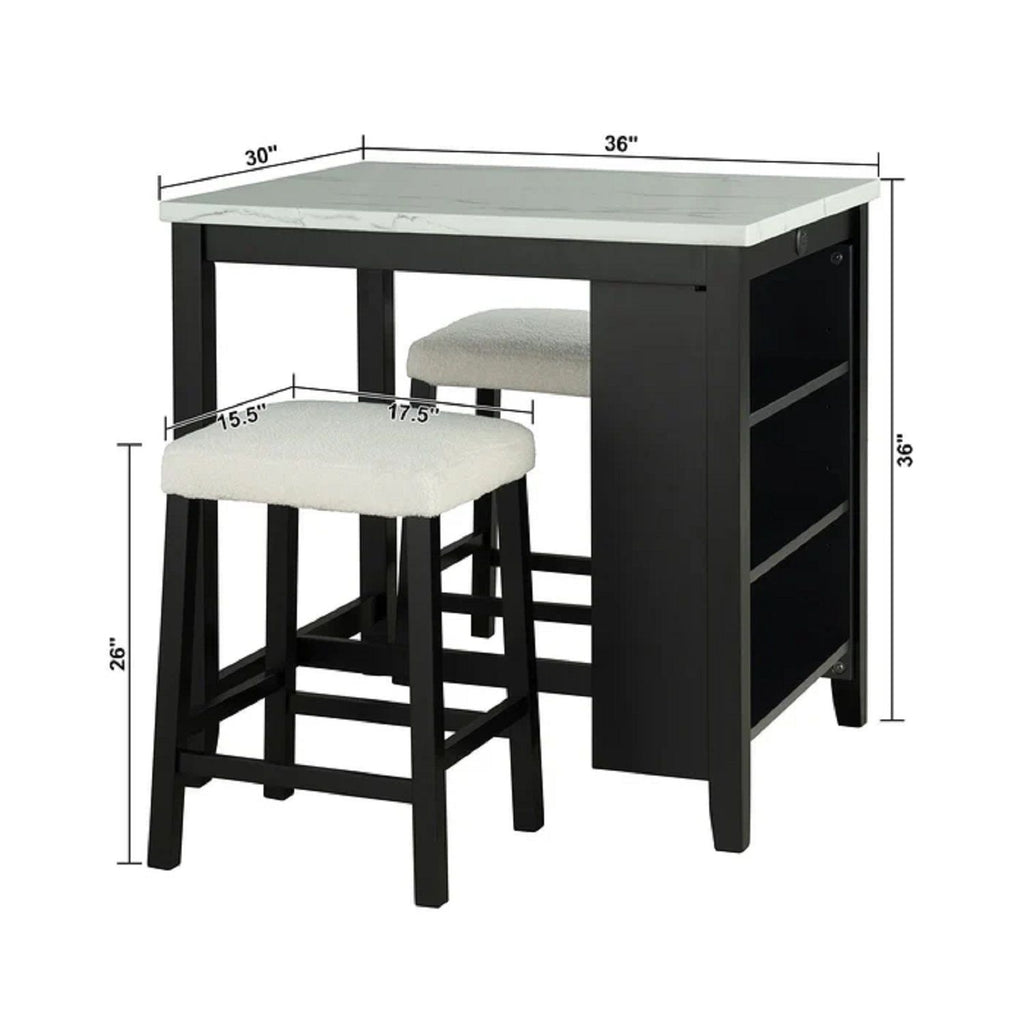 Dining Table Set With Storage Shelves, 3 Piece With 2 Stools - Black / Ivory / White