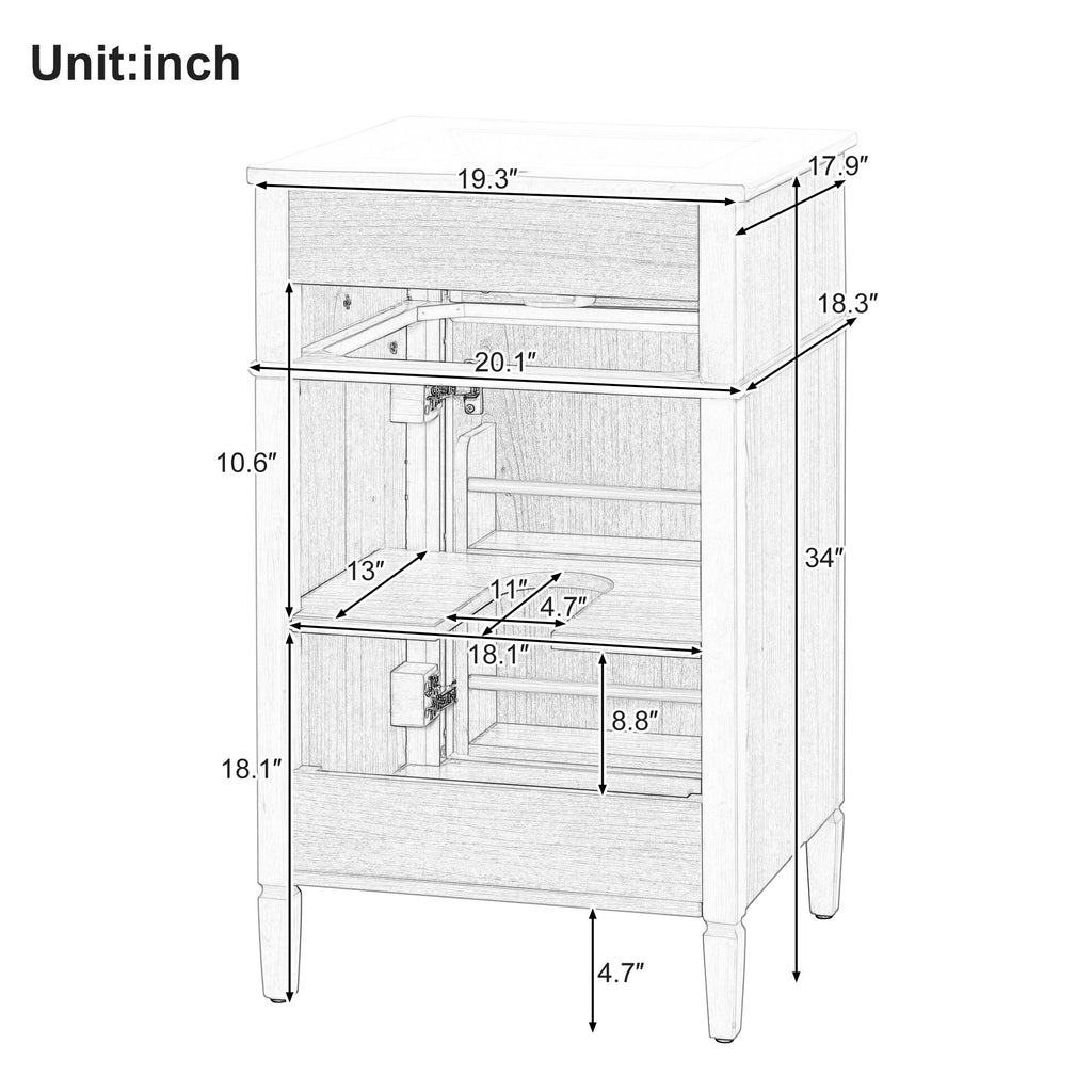 20" Bathroom Vanity With Sink, Adjustable Shelf, Tilt Out Drawer, Freestanding Cabinet - Wood