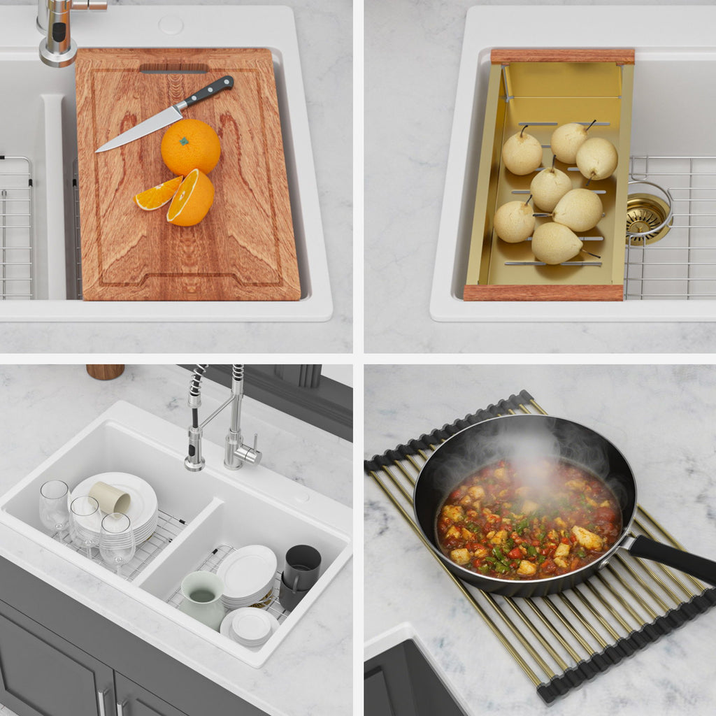 Quartz Kitchen Sink, Granite Composite Double Bowl, Undermount Workstation