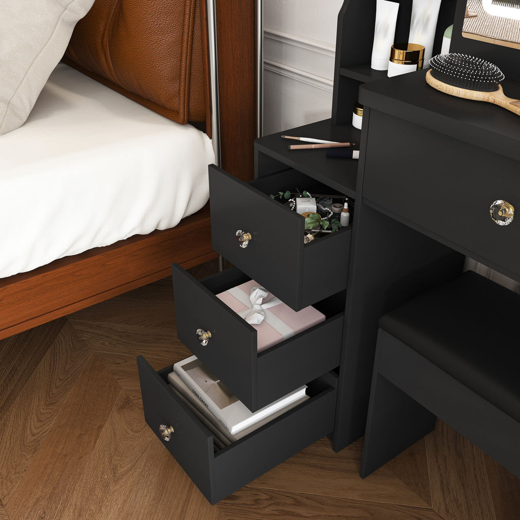 Vanity Desk With 3 LED Lighting Modes, 4 Drawers, Open Shelves, Hair Dryer Holder & Power Socket Dressing Table Set With Chair - Black