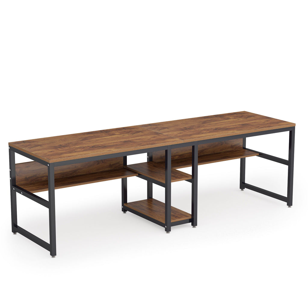 Double Desk For 2 With Bookshelves, 2 Person Workstation With Storage - Brown / Black
