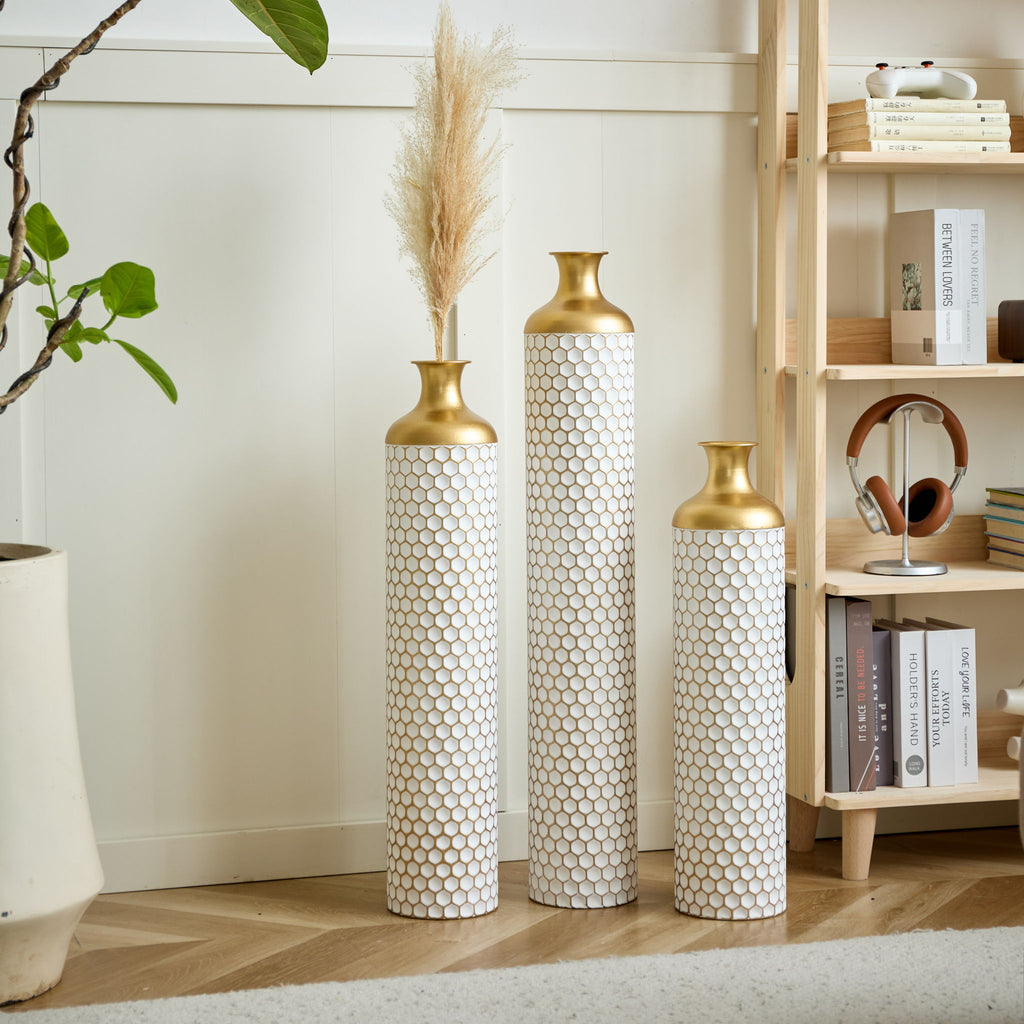 3 Piece Set Gorgeous Home Decoration Large Glazed Floor Vase Decoration Home Droplet Shaped - Gold / White