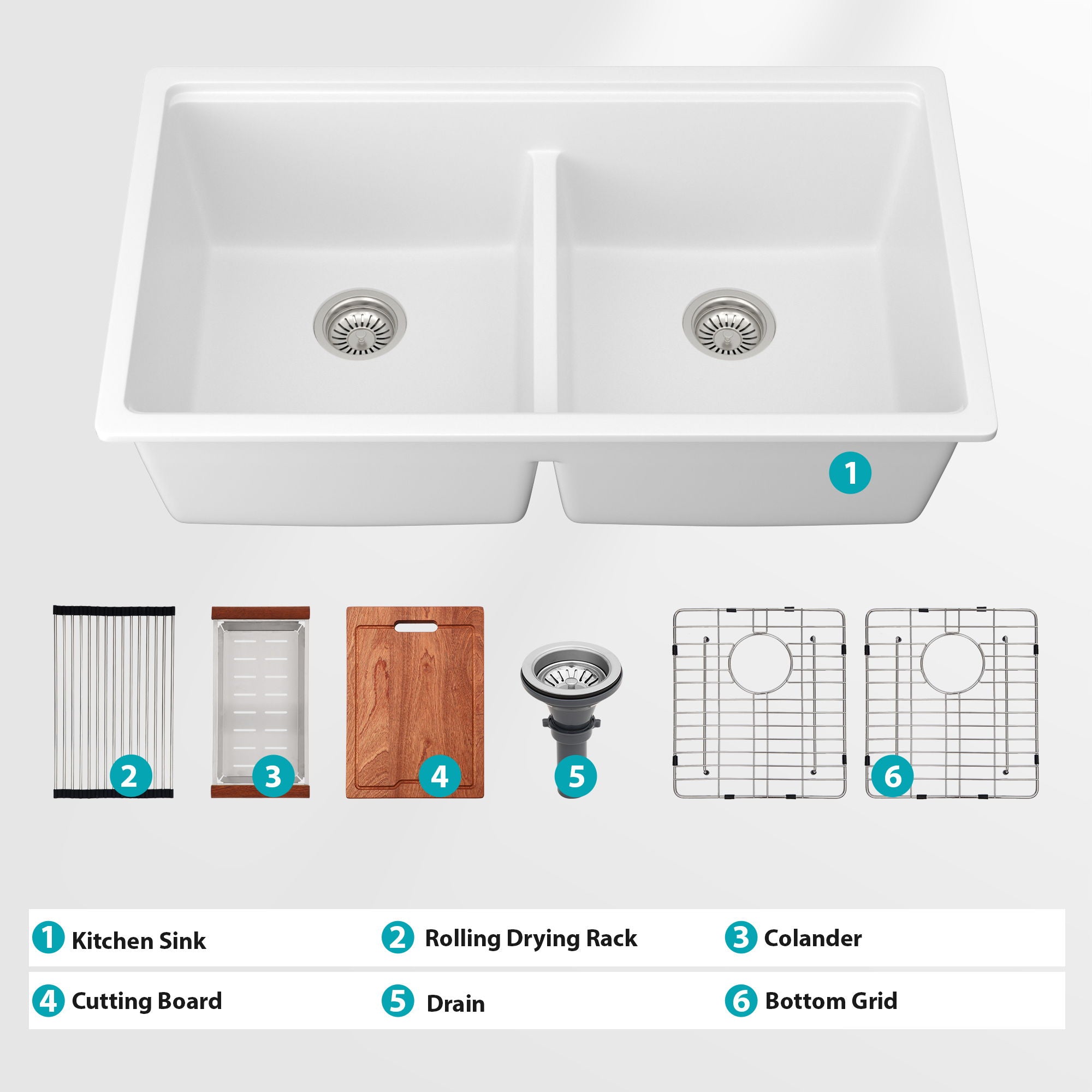 Quartz Kitchen Sink, Granite Composite Double Bowl, Undermount Workstation