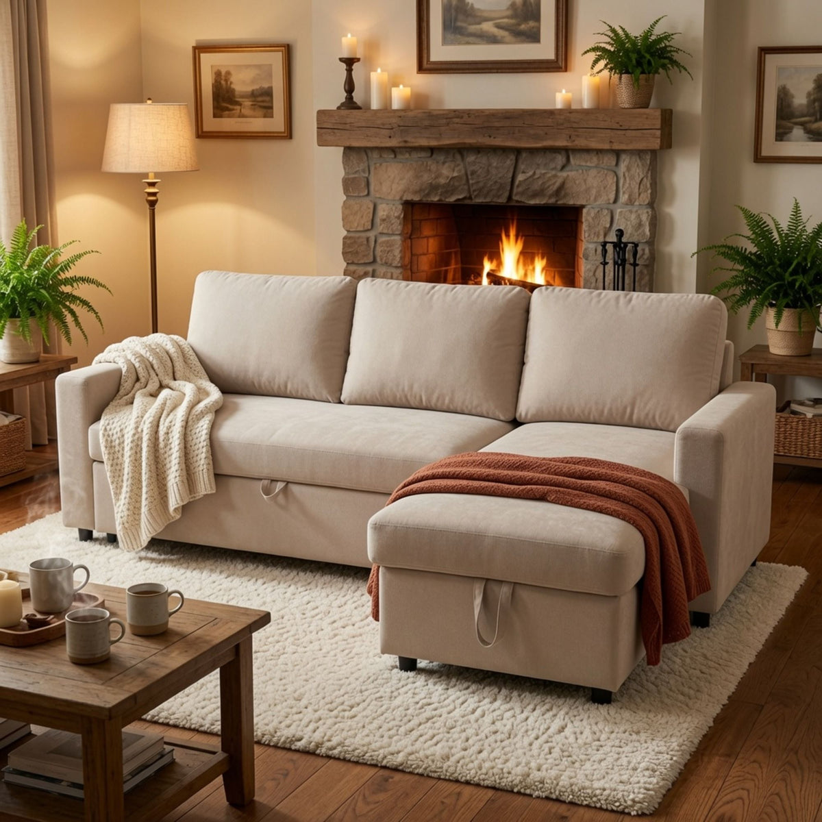 L - Shaped Convertible Sofa Bed With Storage Chaise