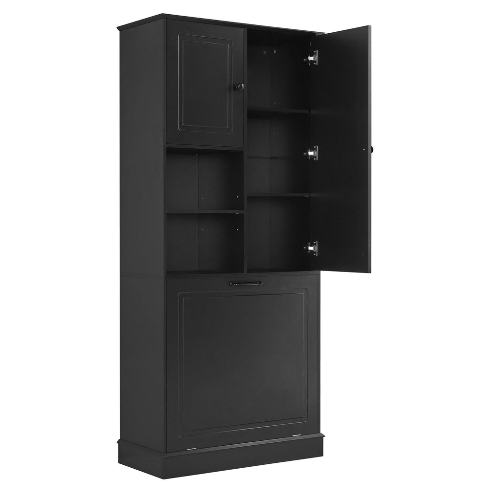 Modern Tall Storage Cabinet With Adjustable Shelves, Flip-Out Basket & Enclosed Doors