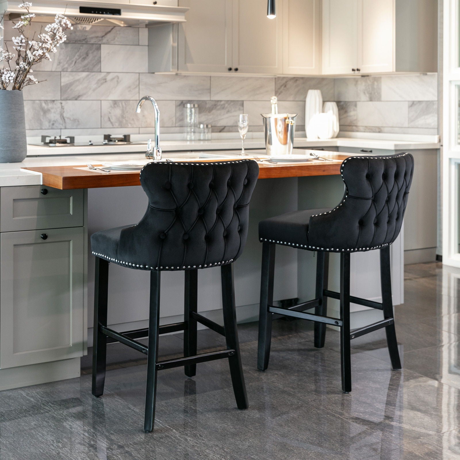 Contemporary Upholstered Wing-Back Barstools With Button Tufted Decoration And Wooden Legs, And Nailhead Trim, Leisure Style Bar Chairs, Bar Stools (Set of 2)
