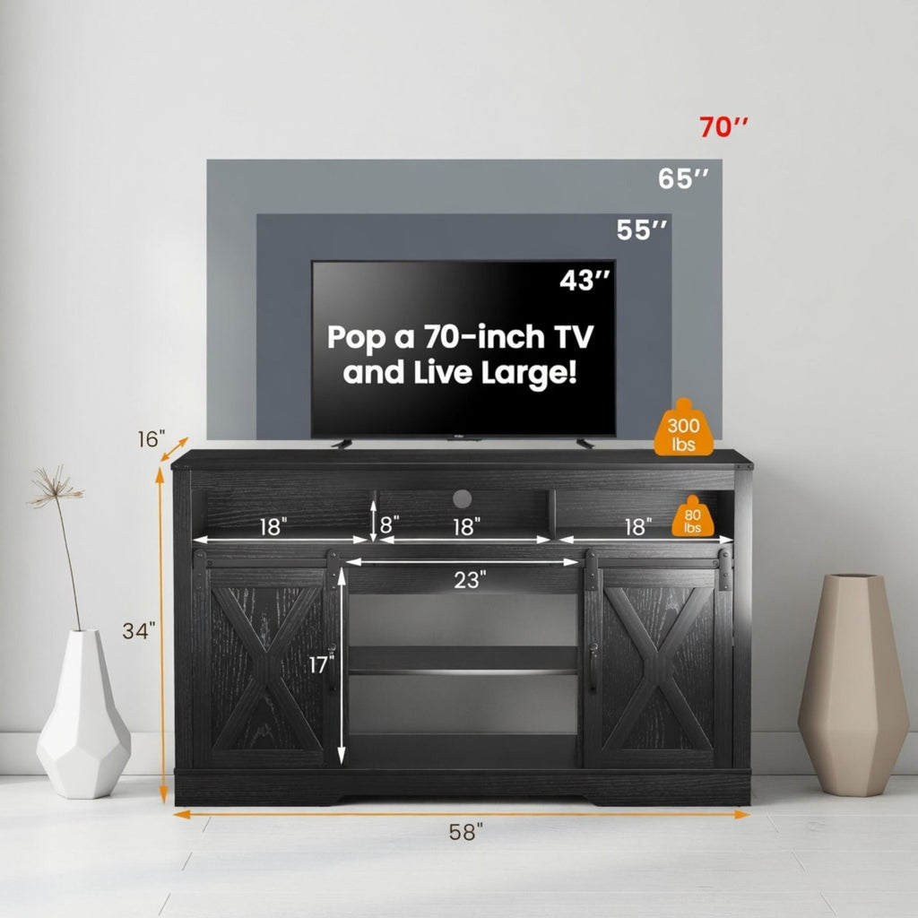 Farmhouse TV Stand With Sliding Barn Doors & Adjustable Storage