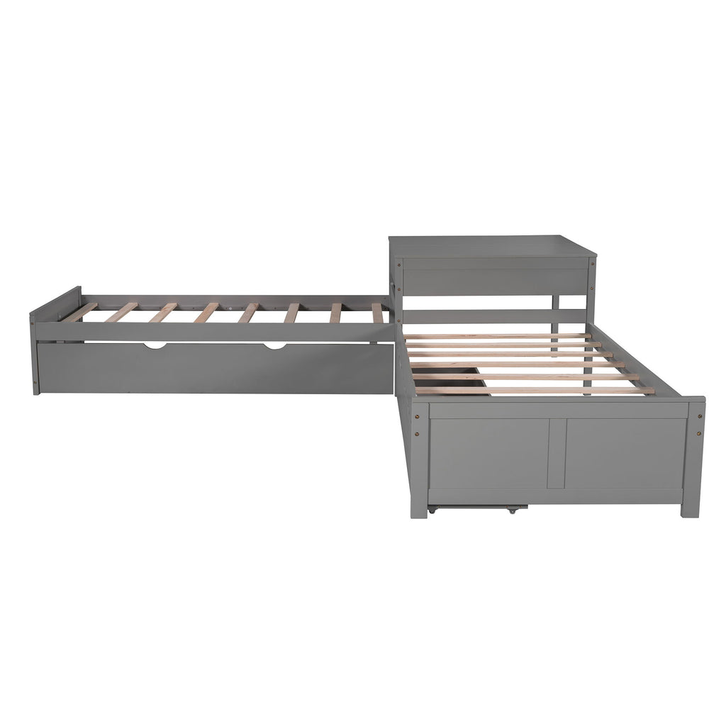 L Shaped Platform Bed With Trundle And Drawers Linked With Built In Desk