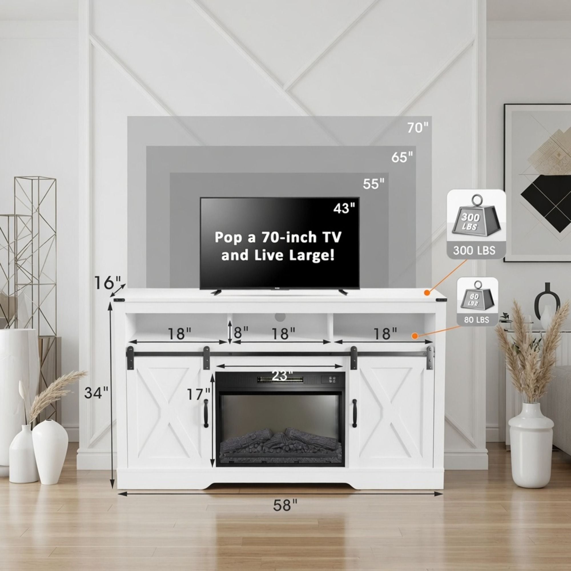 Farmhouse TV Stand With Sliding Barn Doors & Adjustable Storage