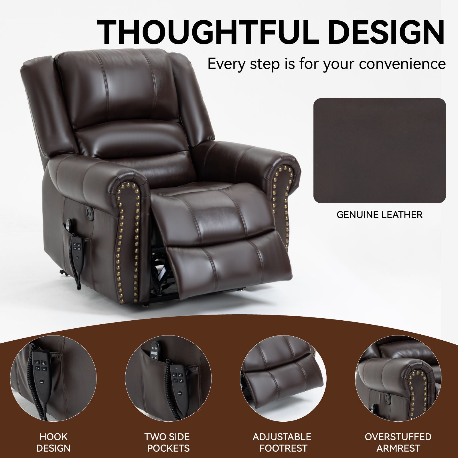 Power Lift Recliner Chair Heat Massage Dual Motor Infinite Position With USB Ports - Antique Brown