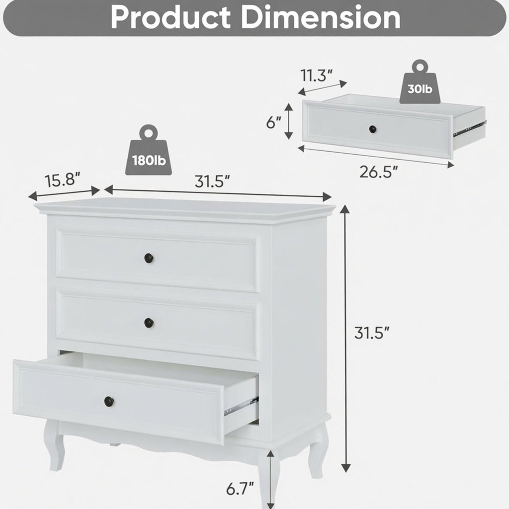3 Drawer Dresser - White