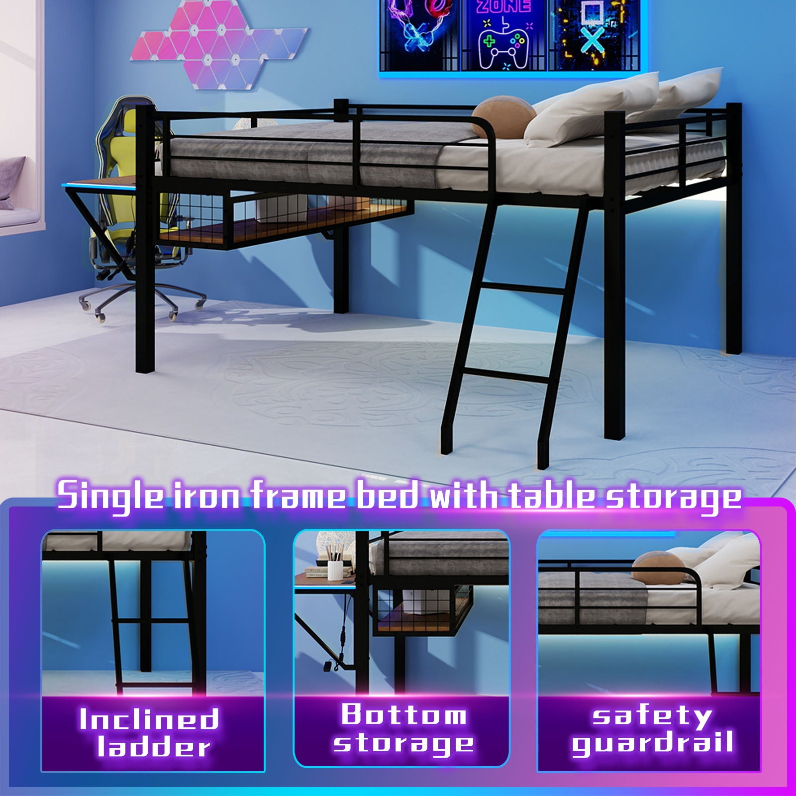 Loft Bed With Built In Desk, LED Light Strip