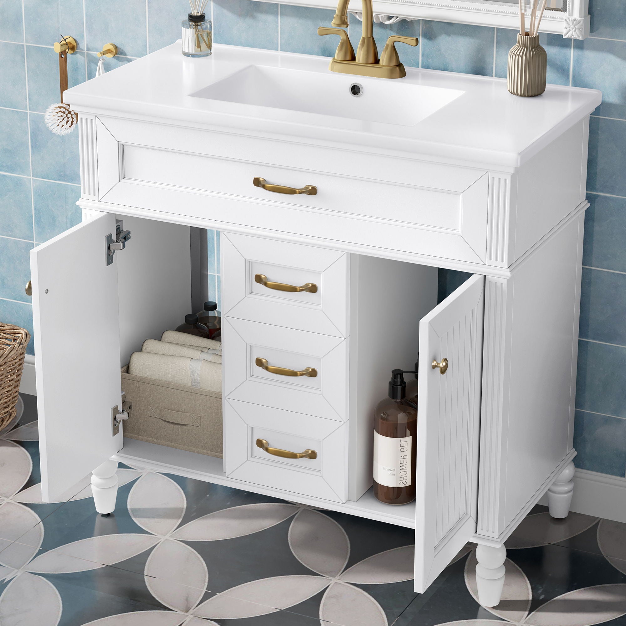 Bathroom Vanity With Sink, Flip-Out Top Drawer, Soft Close Doors, 2 Storage Drawers