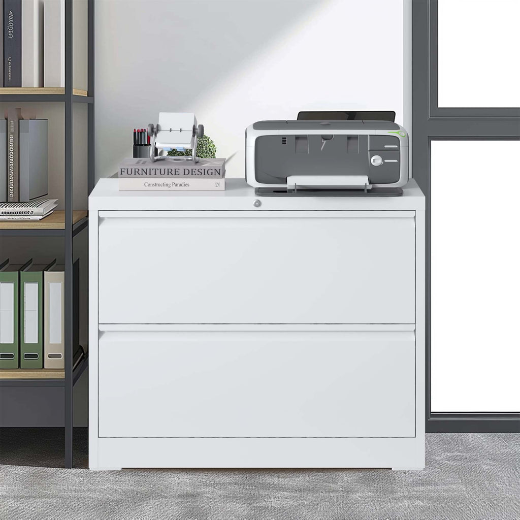Lateral File Cabinet 2 Drawer, Locking File Cabinet With Anti Tip Interlock, Heavy Duty Storage For Letter / Legal / A4 Files - White