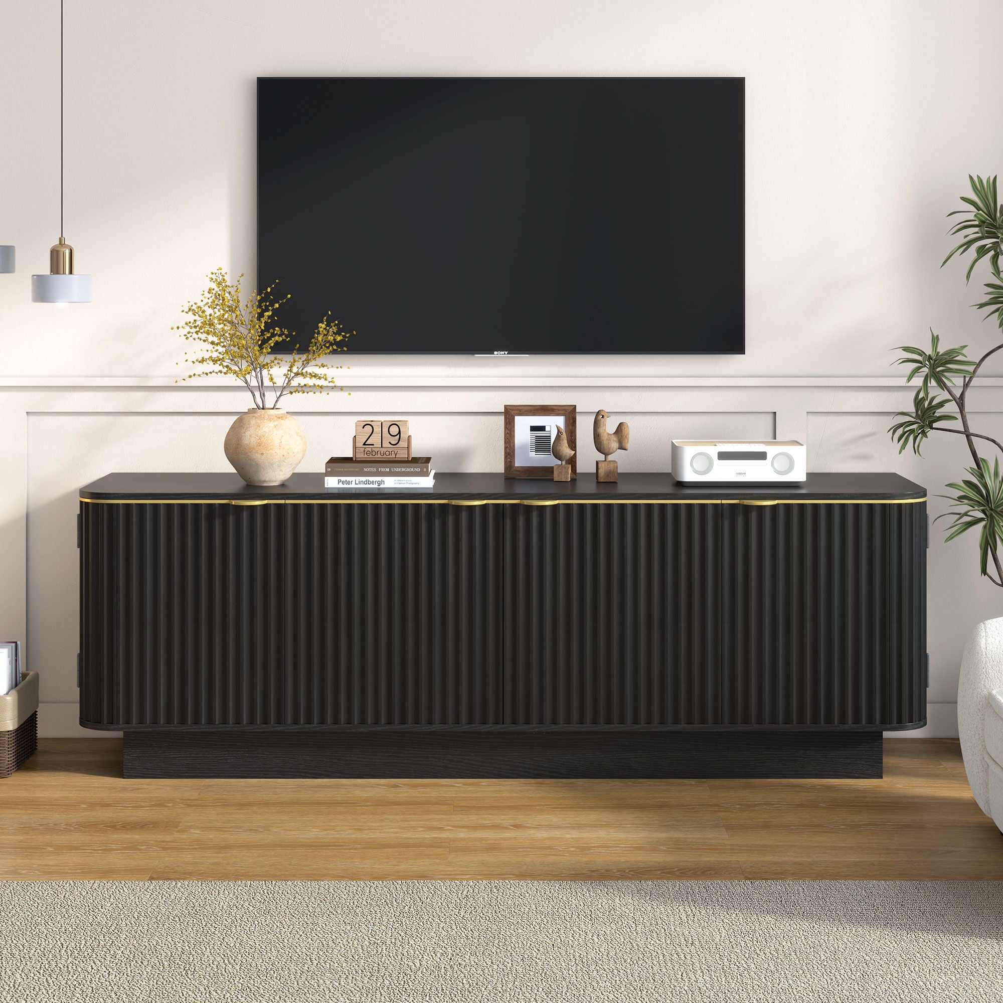 TV Stand, Fluted Media Console With Adjustable Shelves And Cable Holes