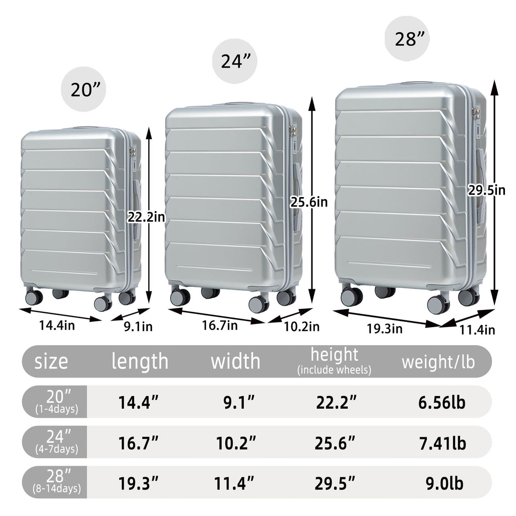 3 Pieces Set 20" / 24" / 28" Spinner Wheel Luggage With Combination Lock