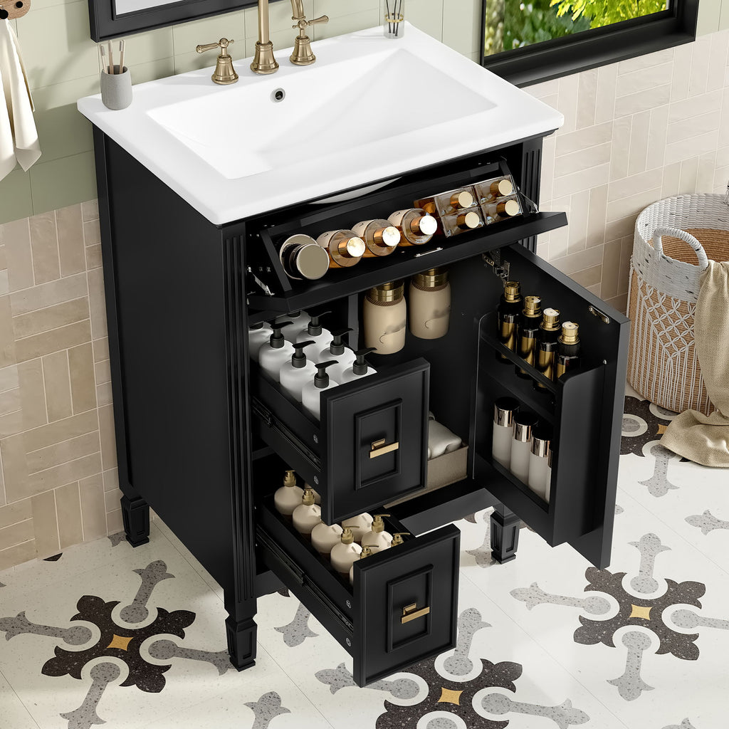 Bathroom Vanity With Sink, Flip Drawer, 2 Drawers, Adjustable Shelf
