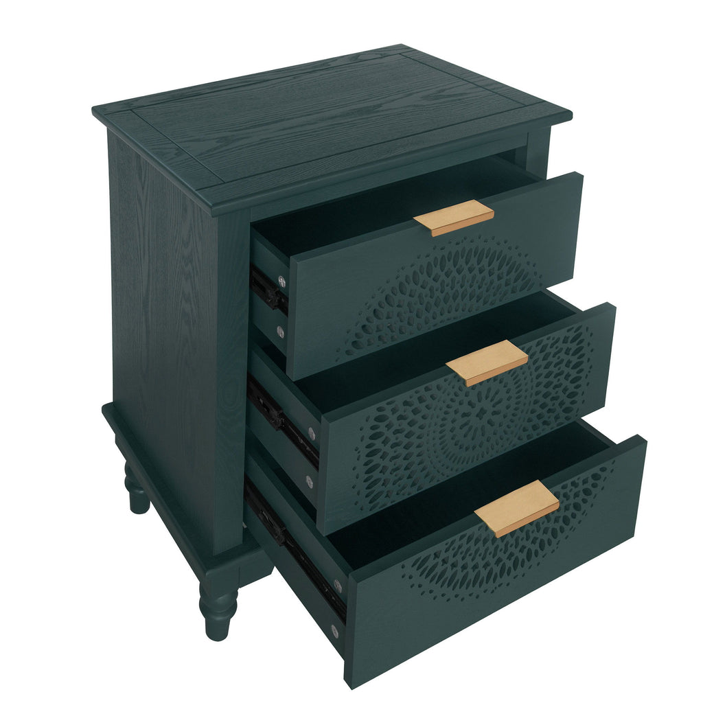 Hollow Carved 3 Drawer Dresser With Metal Handles, Storage Chest For Living Room Or Bedroom - Blackish Green