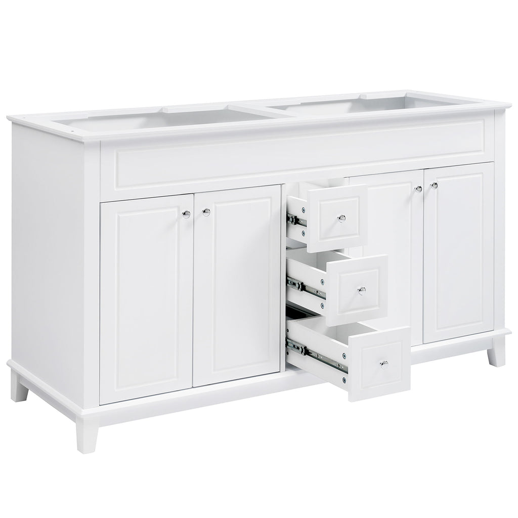 Bathroom Vanity Cabinet Only, 3 Drawers & 4 Doors & Double Layer Shelves - White