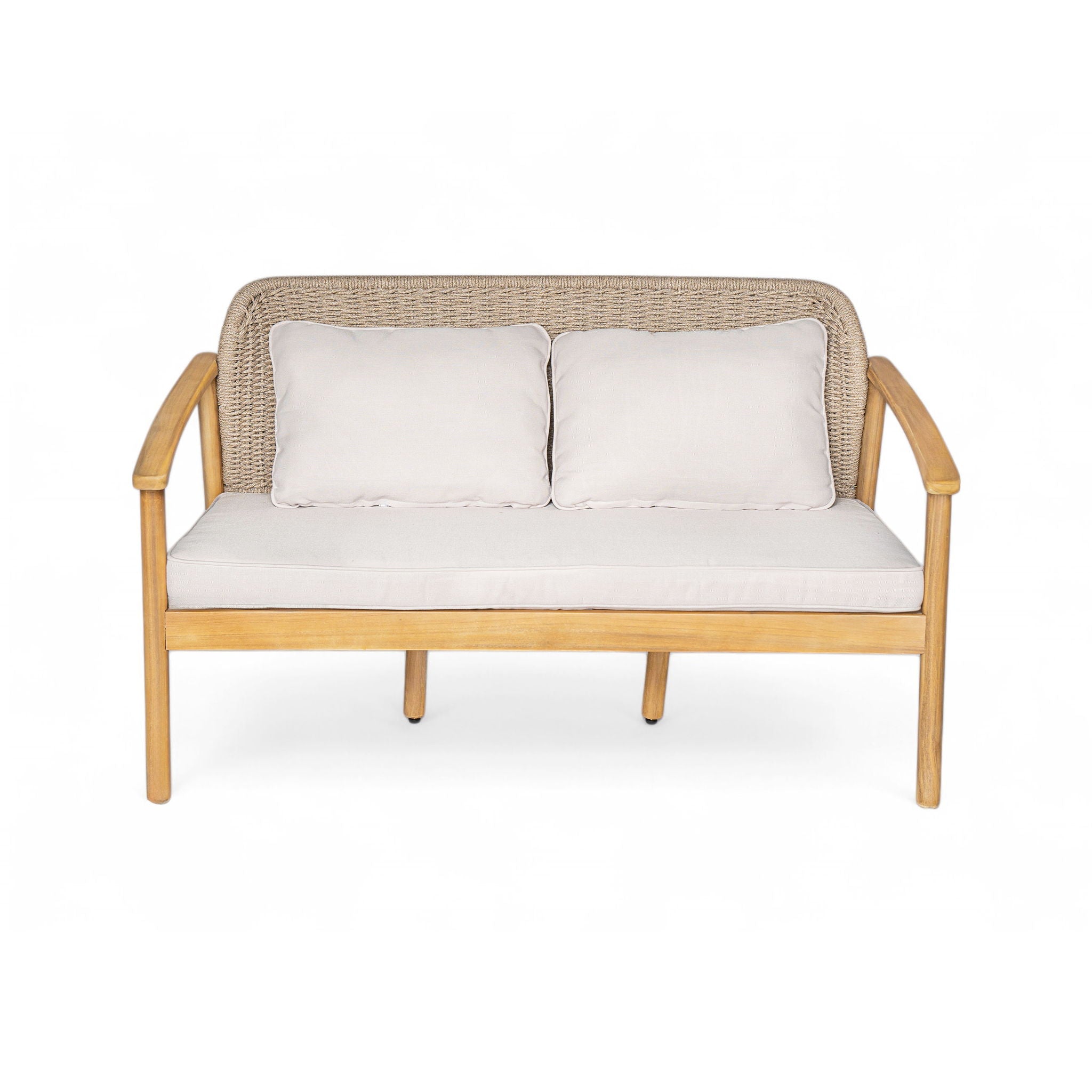 2 Piece Outdoor Acacia Wood Conversation Set, Woven Rope Backrest Patio Seating Group, Woven Rope With Coffee Table For Porch - Light Teak / Beige