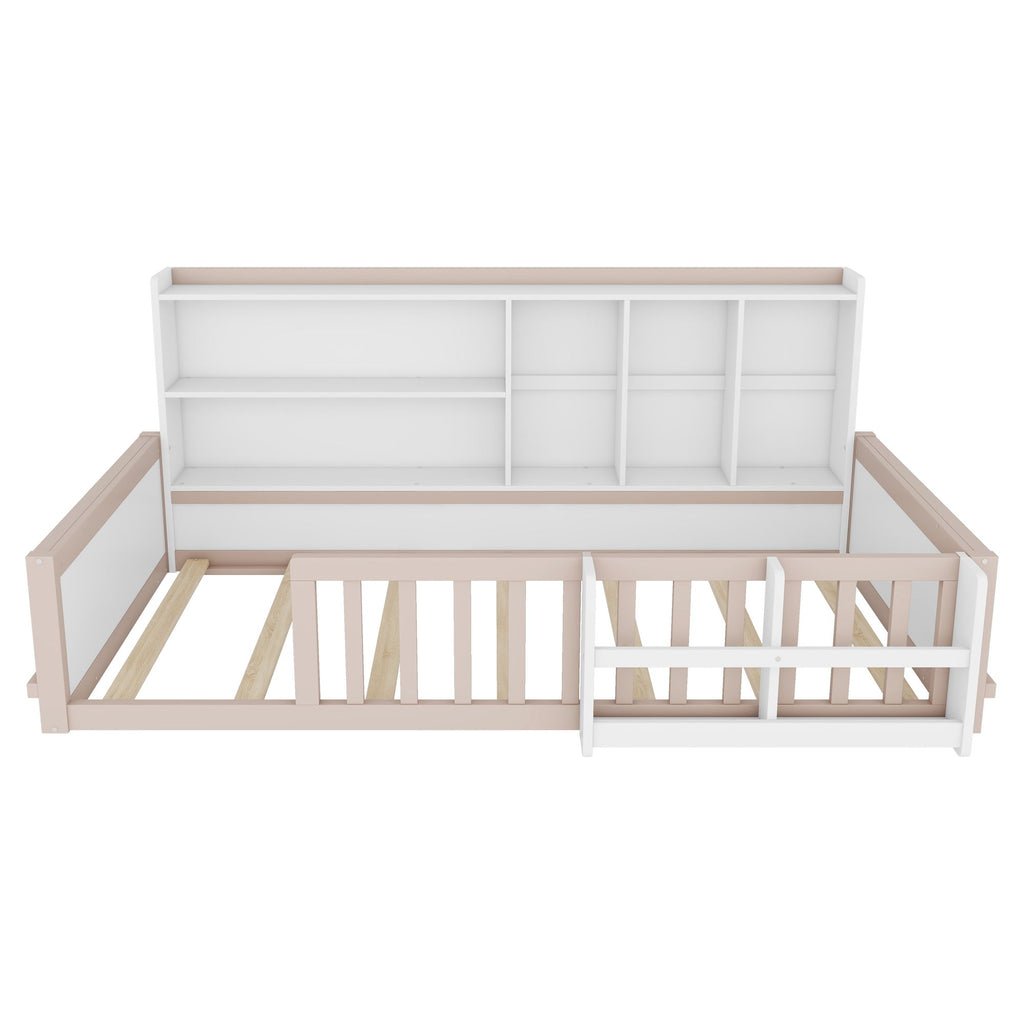 Platform Bed Frame With Guardrail, Storage Shelves & Bookshelf