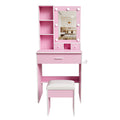 Vanity Table With Mirror, Adjustable LED Lights, Power Outlet, Hairdryer Holder & Stool