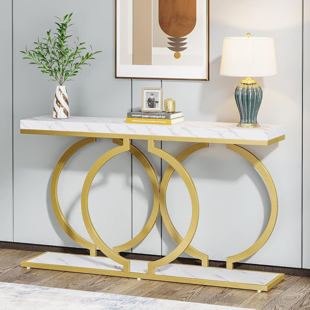 Console Table With Geometric Base For Entryway - Gold / White