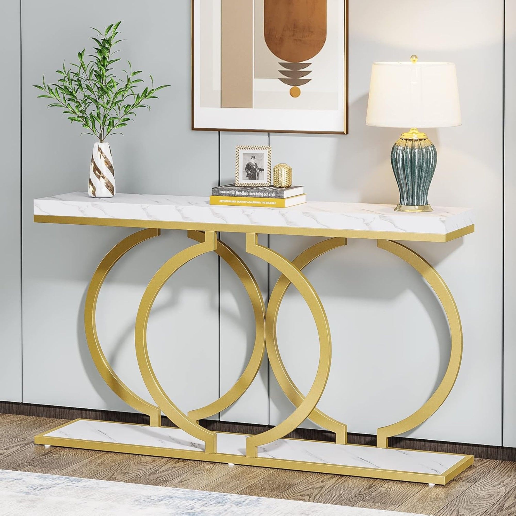 Console Table With Geometric Base For Entryway - Gold / White