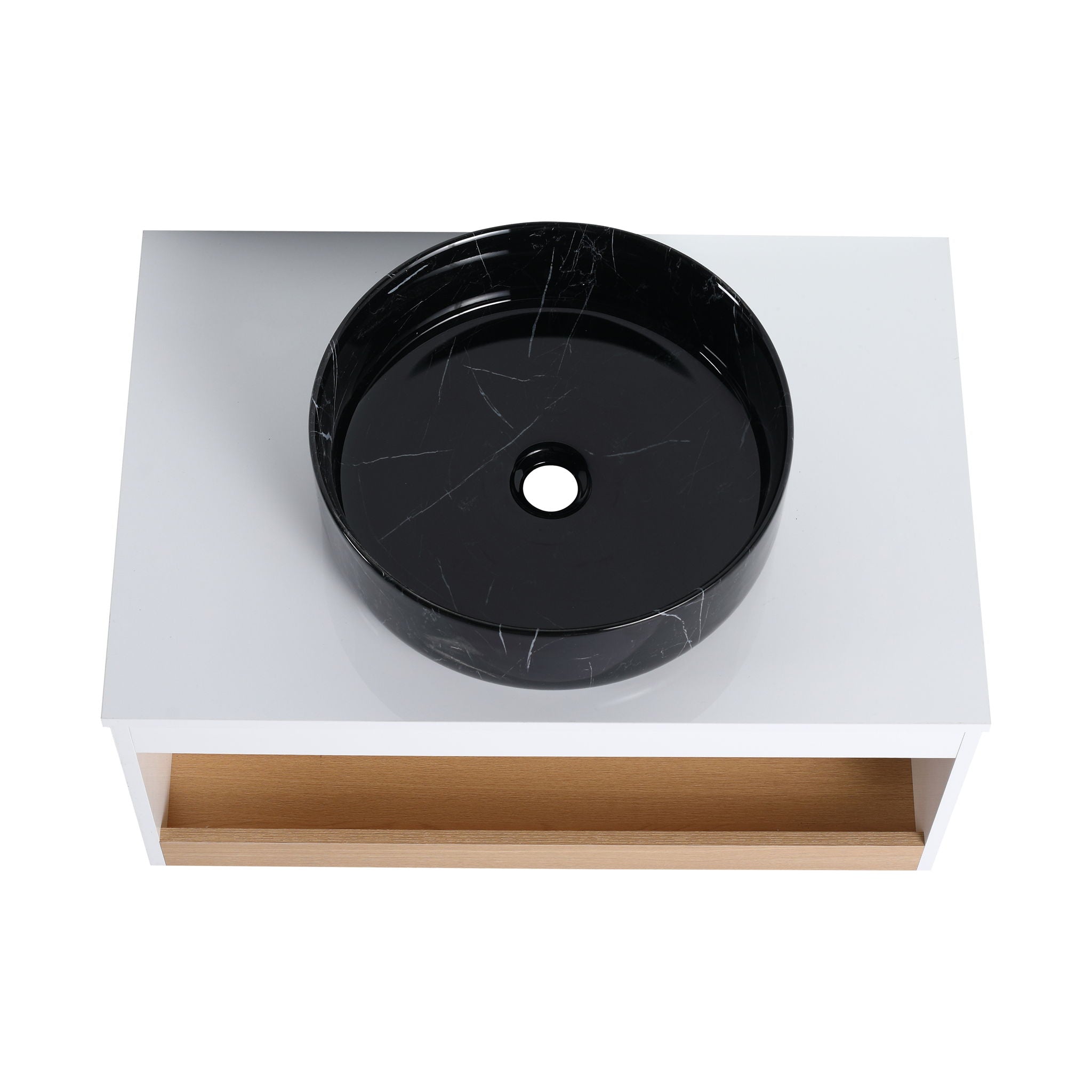 Floating Bathroom Vanity With Vessel Sink With Open Shelf Storage