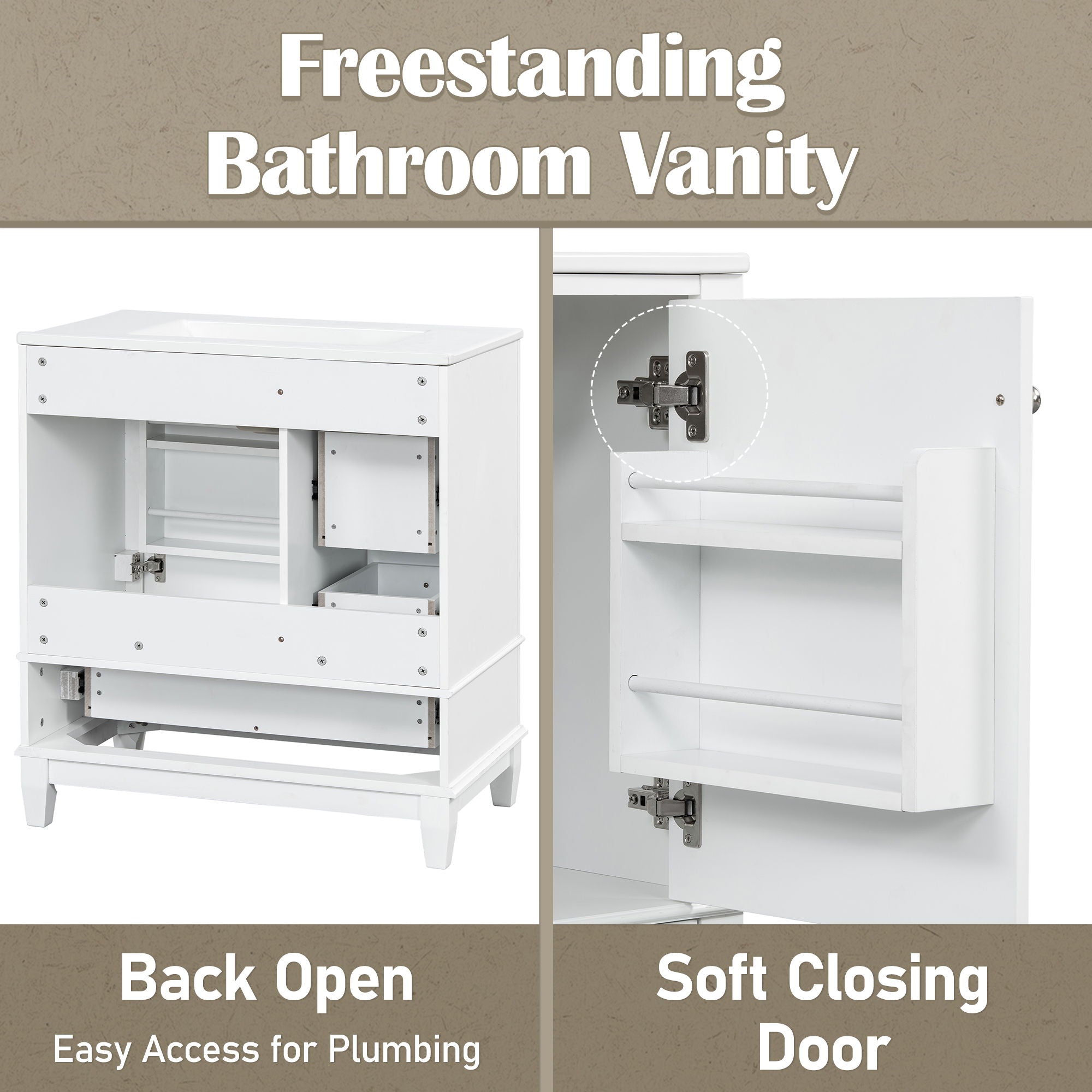 Freestanding Bathroom Vanity With Sink, Soft Close Door, 3 Drawers
