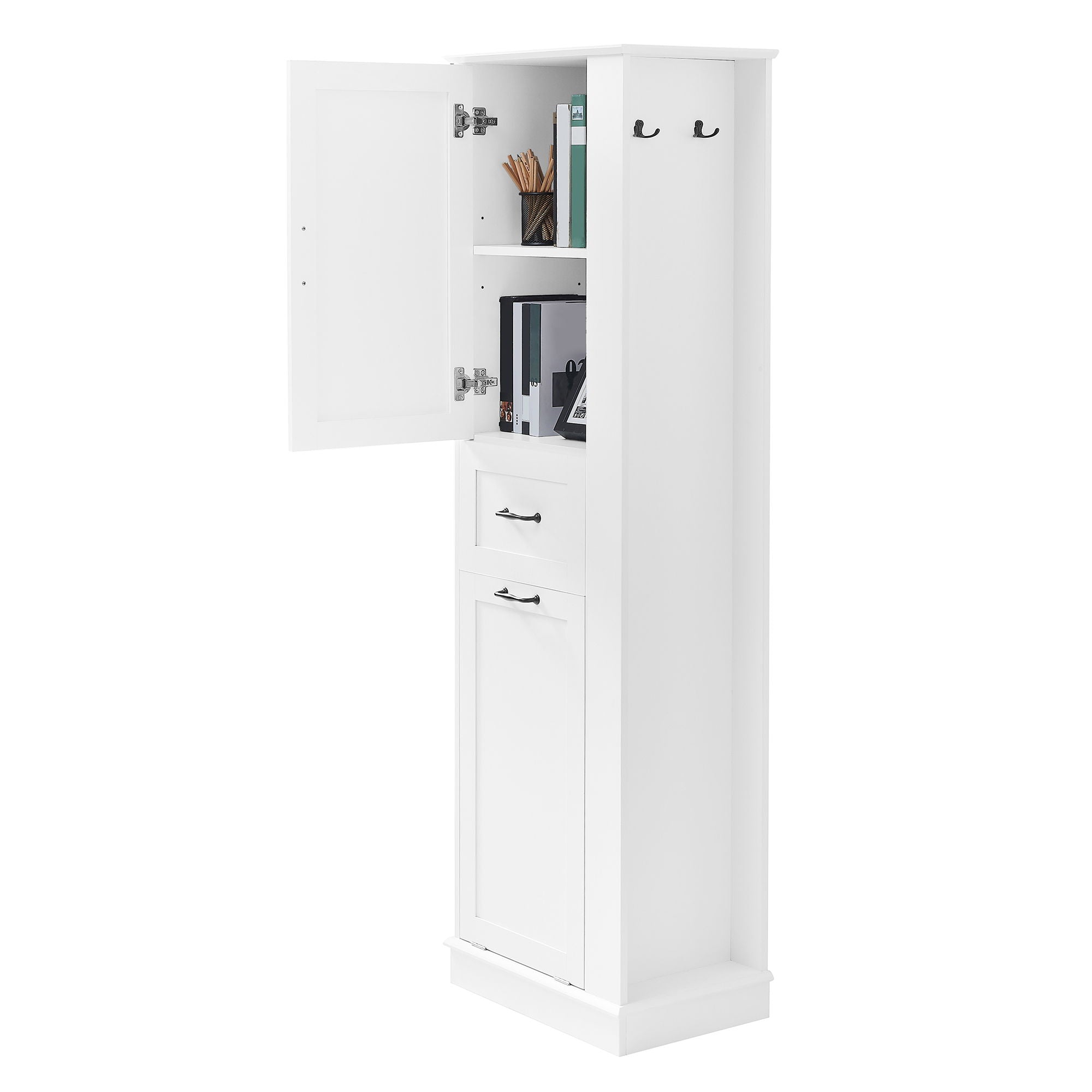 Modern Tall Storage Cabinet With Tilt-Out Compartment, Adjustable Shelves