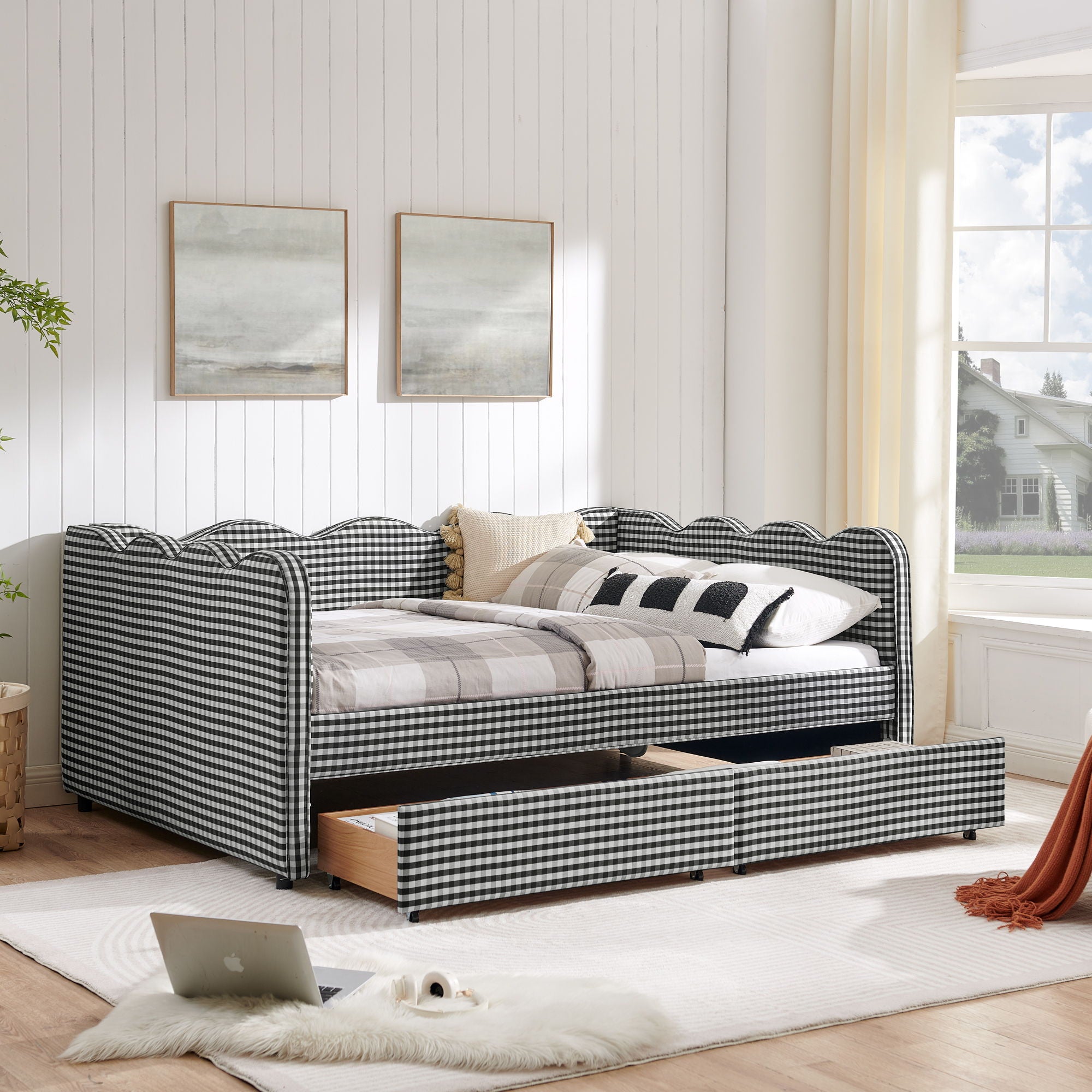 Gingham Daybed & USB Charging Port, Wave-Shaped Design