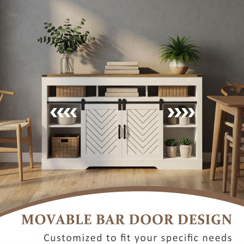 TV Stand With Sliding Barn Doors And Adjustable Storage - White / Oak