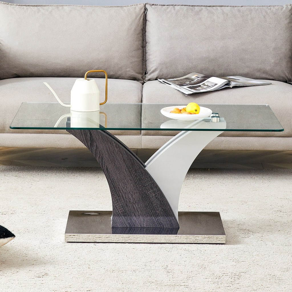 Artistic Rectangular Coffee Table With Tempered Glass Countertop