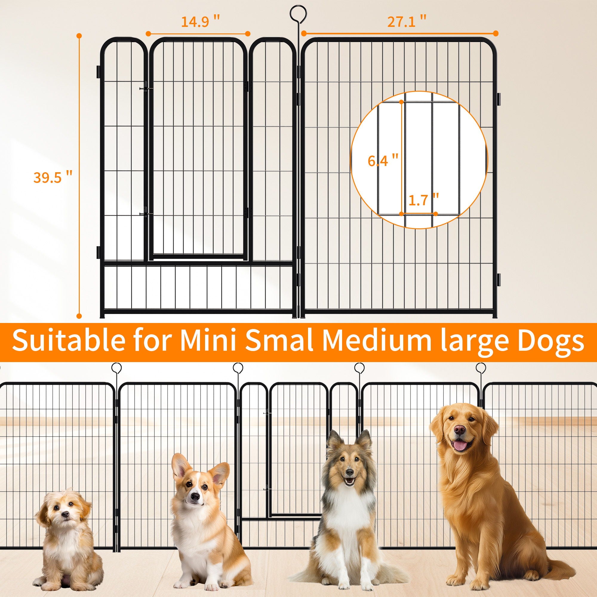Dog Playpen, 16 Panels Pet Exercise Pen Indoor / Outdoor Fence With Anti Skid Base - Black