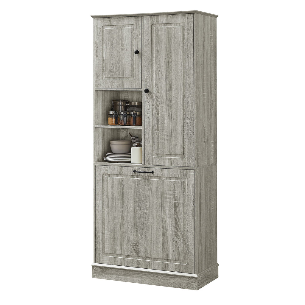 Modern Tall Storage Cabinet With Adjustable Shelves, Flip-Out Basket & Enclosed Doors