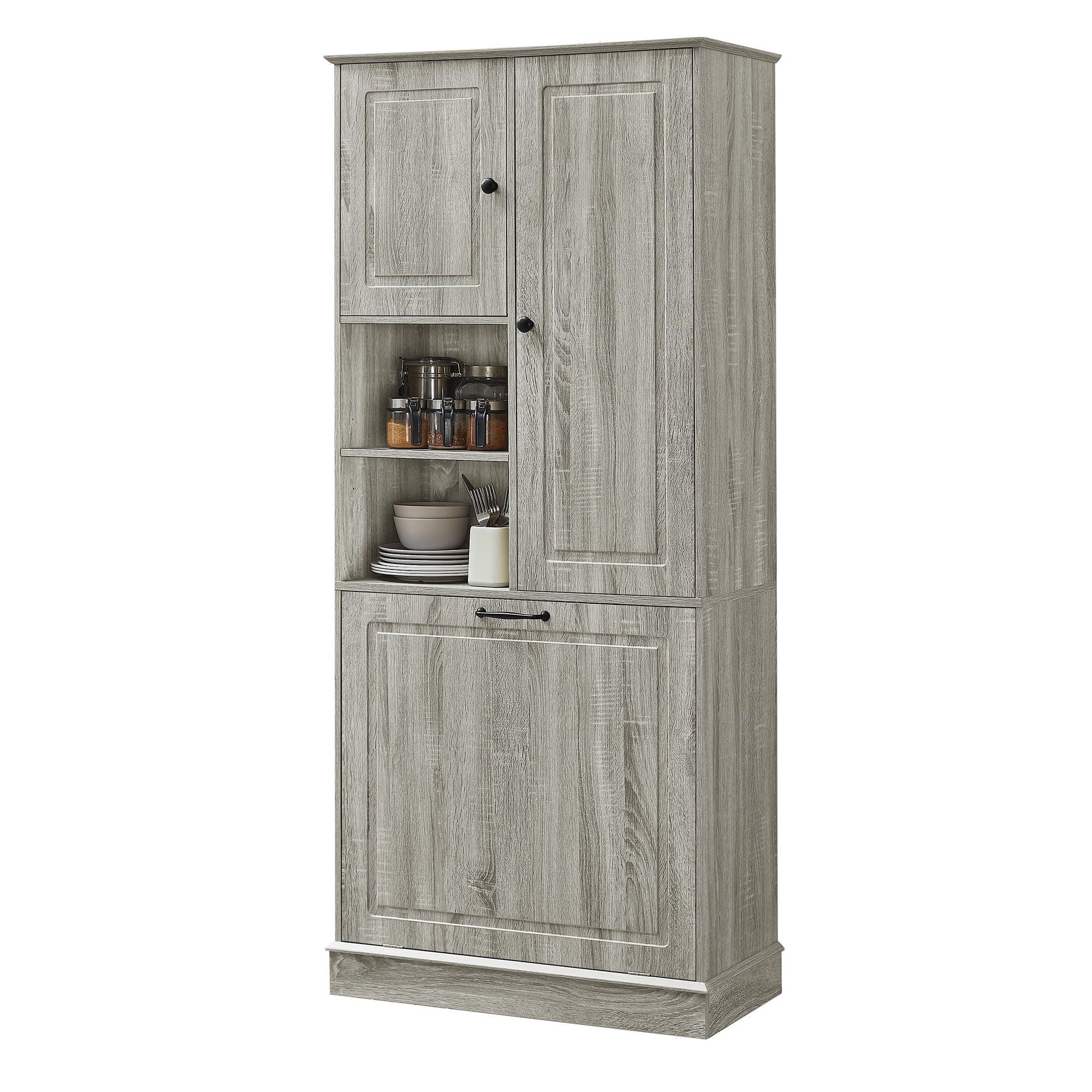 Modern Tall Storage Cabinet With Adjustable Shelves, Flip-Out Basket & Enclosed Doors
