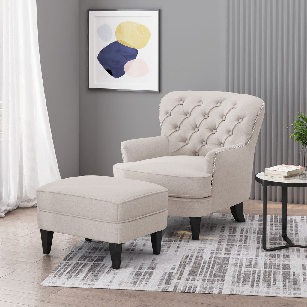 Stylish Club Chair And Ottoman Set With Birch Legs - Wheat