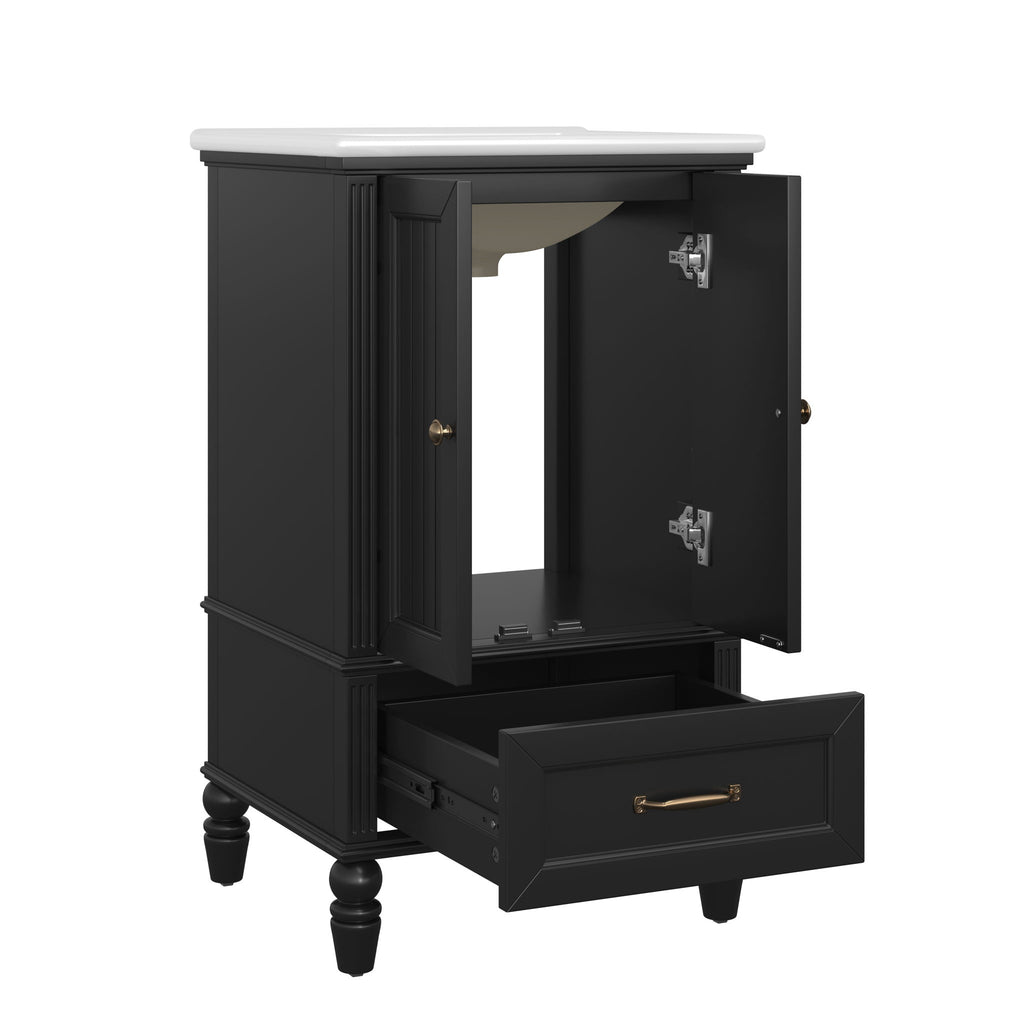 20" Bathroom Vanity With Sink Cabinet With 2 Doors, 2 Drawer, Magnetic Door Stopper, Adjustable Feet, Drop In Sink - Black
