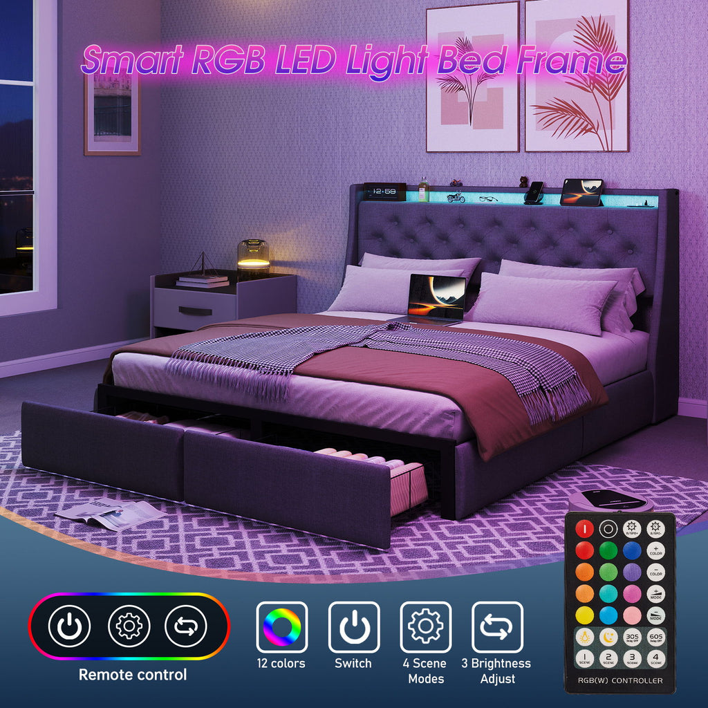 Floating Bed Frame With Rgb LED Light, 2 Storage Drawers & Headboard Shelf