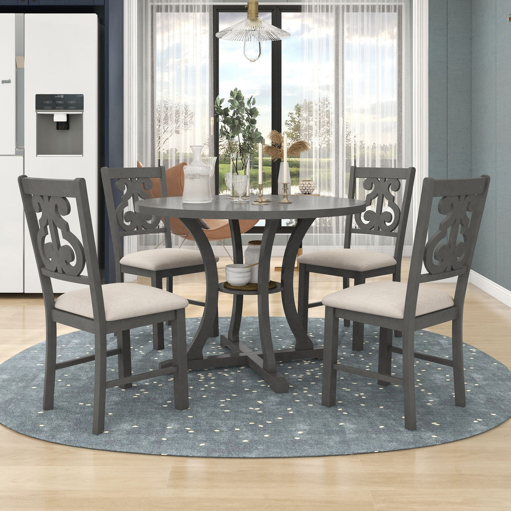 5 Piece Round Dining Table And Chair Set With Unique Legs And Hollow Chair Back