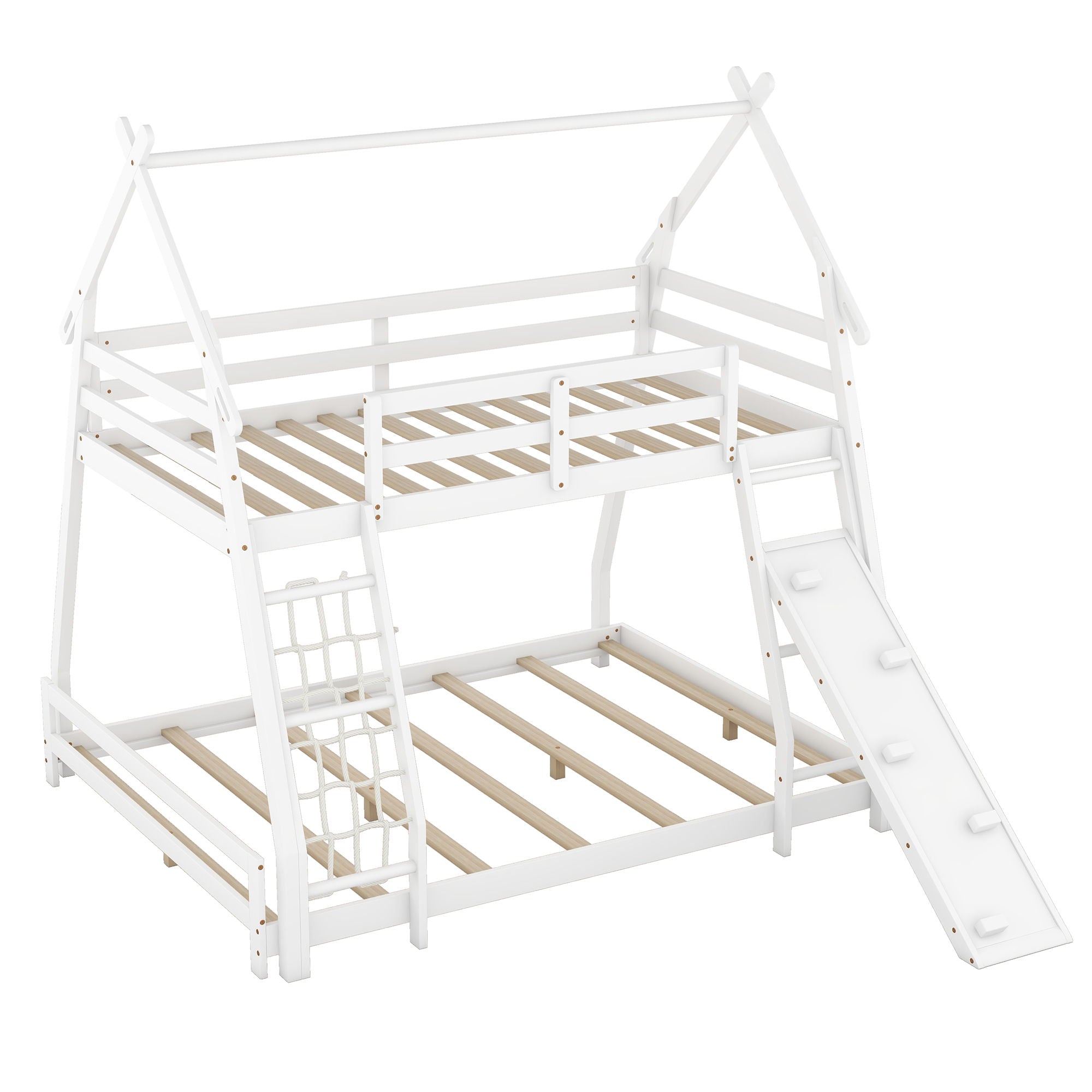 Twin Over Queen House Bunk Bed With Climbing Nets And Ramp - White