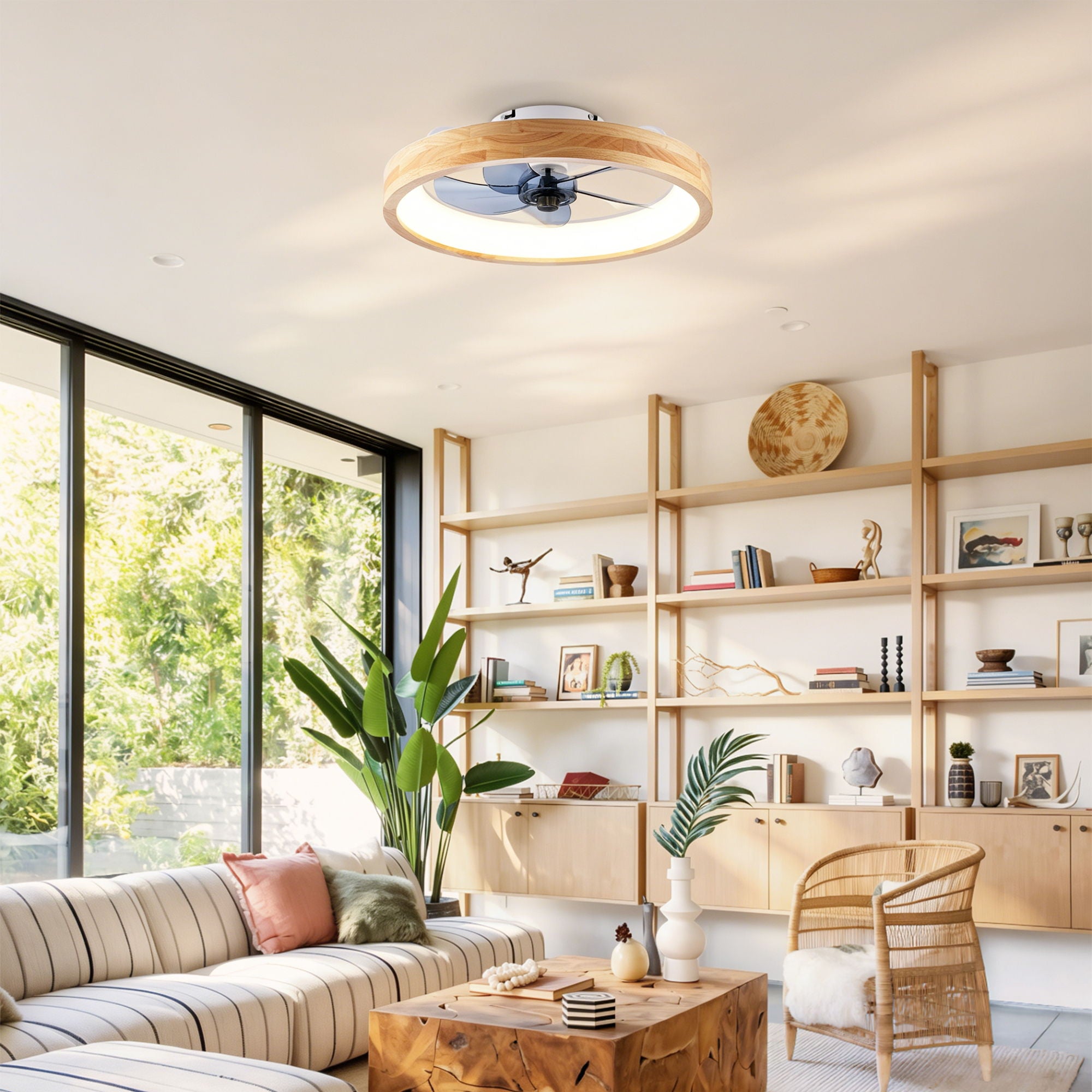 Ceiling Fans With Lights And Remote, 3000 - 6500K Dimmable Flush Mount LED Fan Light, 6 Speeds, Quiet DC Motor For Living Room - Matte White / Natural Wood