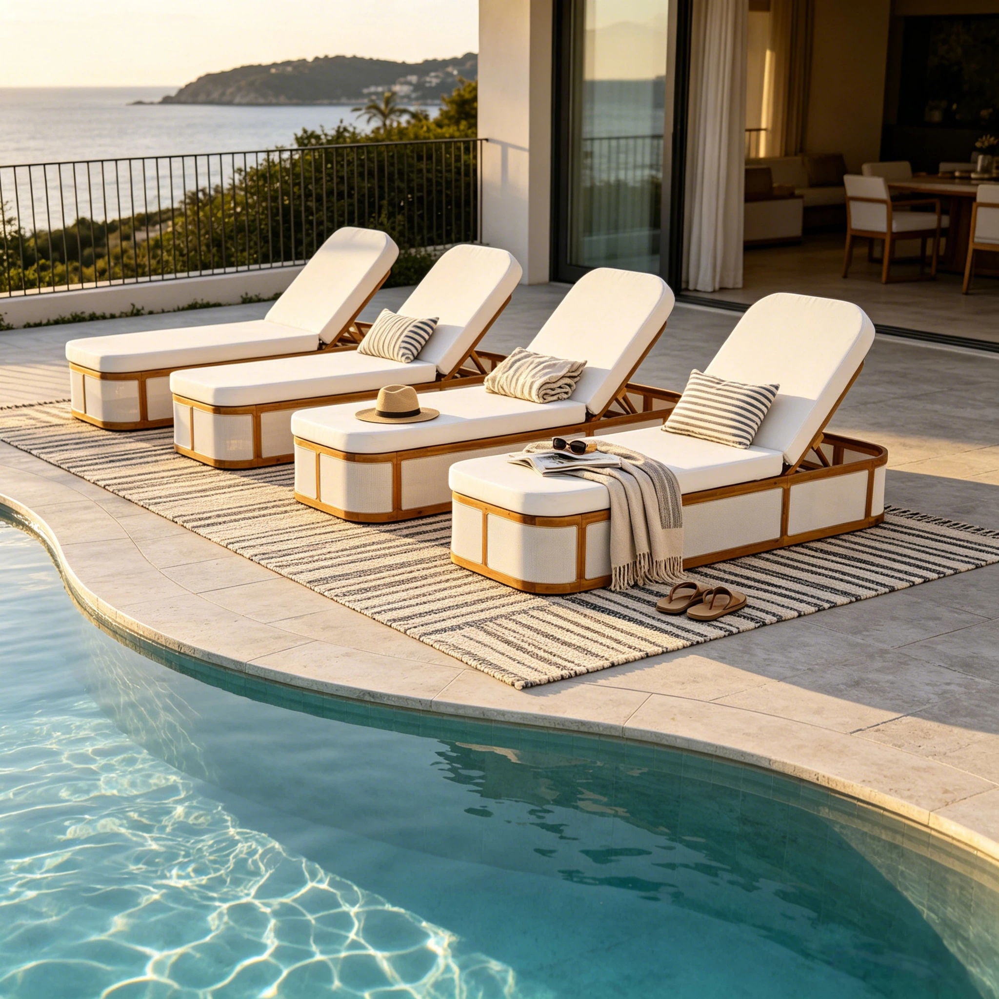 Chaise Lounge Set With 2 Fold Cushion, 3 Position Backrest - Beige / Cream / Teak