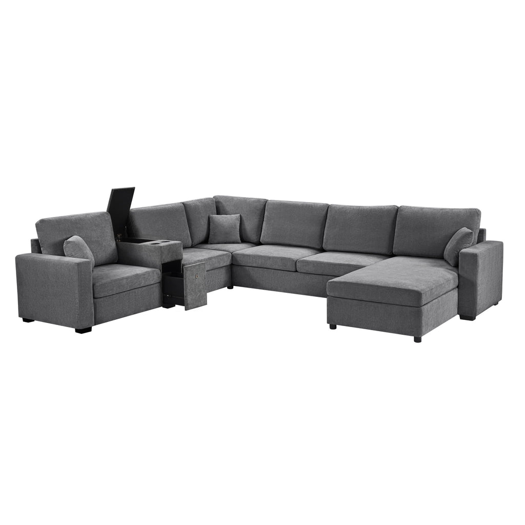 Modular 5 Seat U-Shape Sectional Sofa With Chaise Lounge, Built In Cup Holders And Storage Drawer